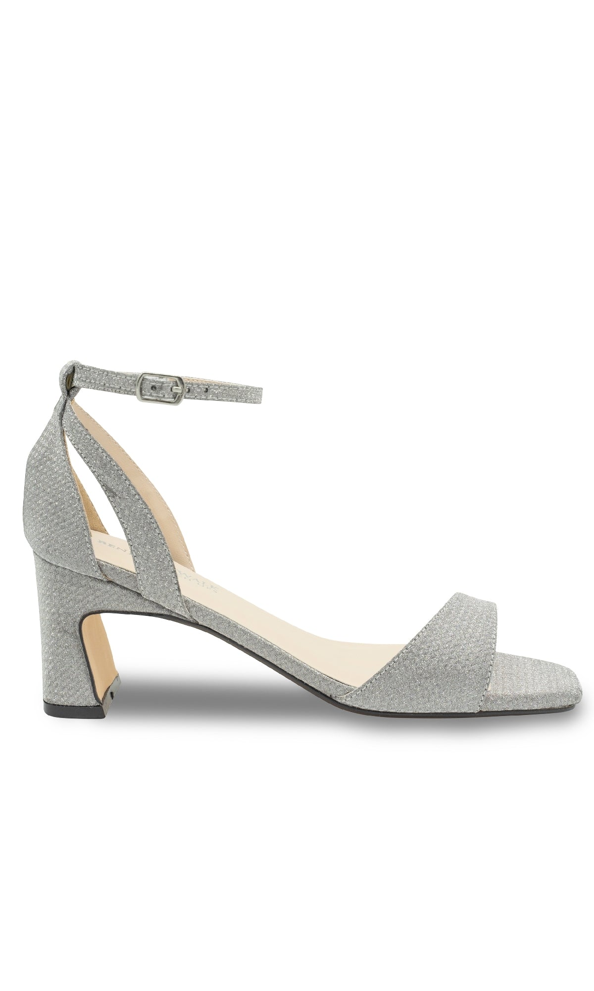 Lilibet Silver Prom Shoes: Touch Ups 4671 feature a glittery low block heel, single toe strap, and ankle buckle closure. These sandals add sparkle to your look and are shown on a plain white background.